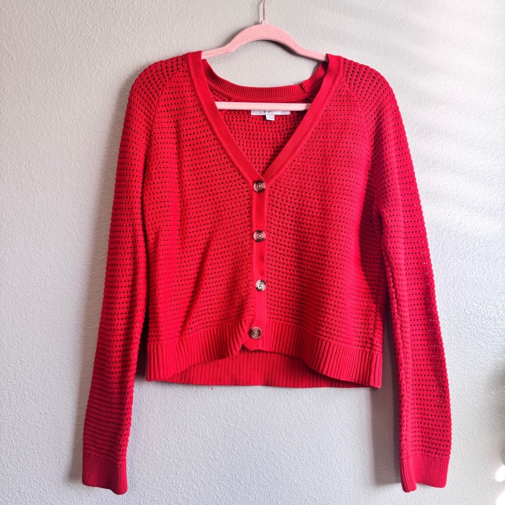 LOFT Red V-Neck Knit Button-Front Sweater Cardigan